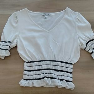 St.John White Knit Top Navy Stripes Cinched Waistline Short Sleeve S